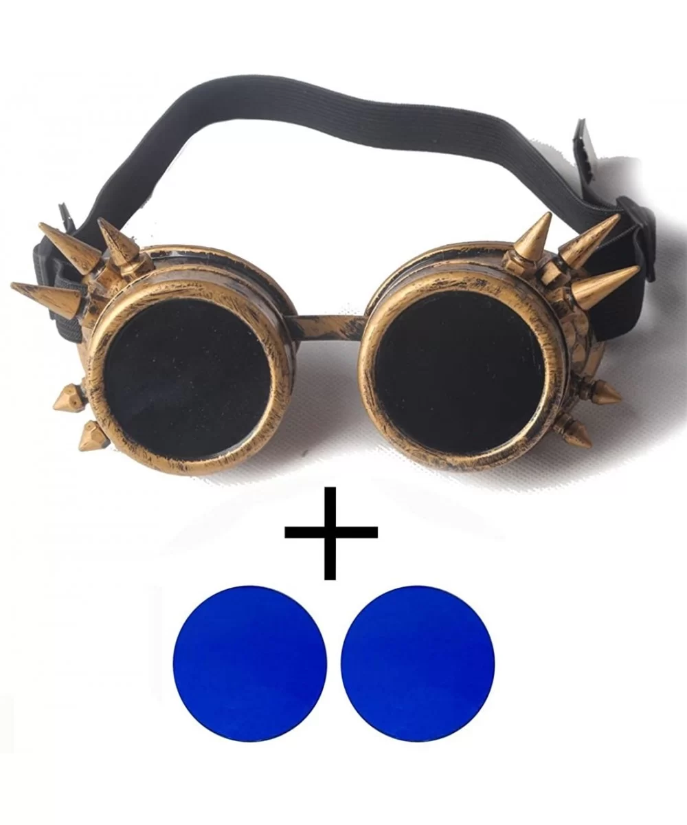 Steampunk Goggles Vintage Glasses Rave Retro Cosplay Halloween Spiked - Frame+blue Lenses - CB18HA85NL6 $8.30 Goggle