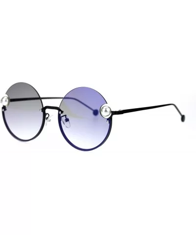 Womens Unique Pearl Jewel Round Exposed Rimless Round Retro Sunglasses - Black Blue Mirror - CA18TYZOMEH $9.45 Rimless