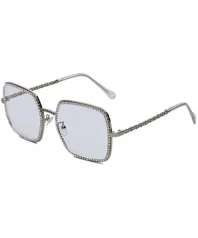 Square Large Frame Chain Diamond Sunglasses Pink Brown Unique Fashion New Rhinestone Glasses - Silver&transparent - CV18AHHUU...