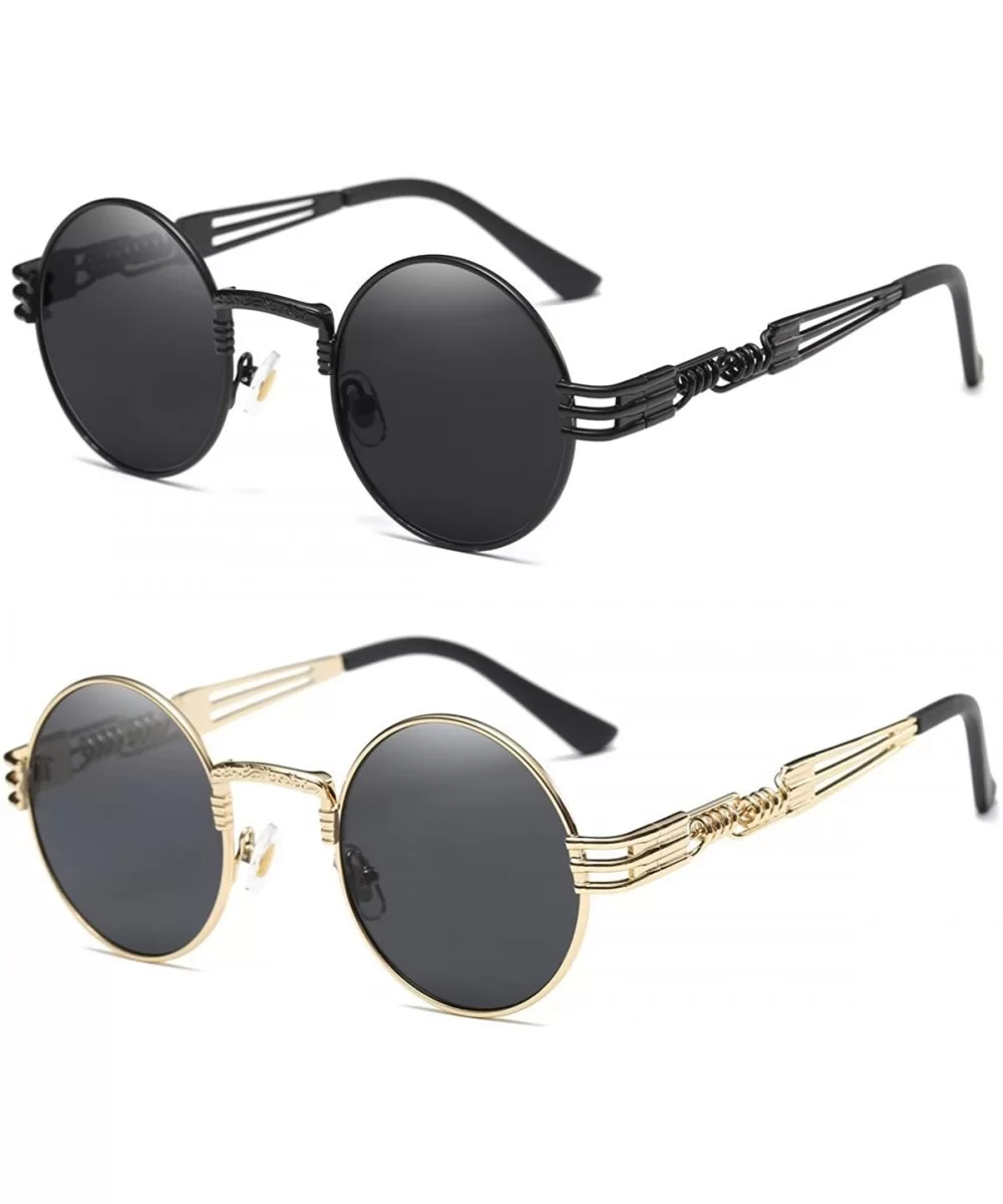 John Lennon Round Sunglasses Steampunk Metal Frame - Two Pairs Pack Black/Gold Black - CK184X8UER2 $17.73 Oversized