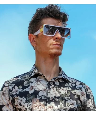 Oversized Big Thick Flat Top SHIELD Square Luxury Designer Sunglasses with Dark Gold Metal - White - CA1977CG9HO $13.44 Rimless