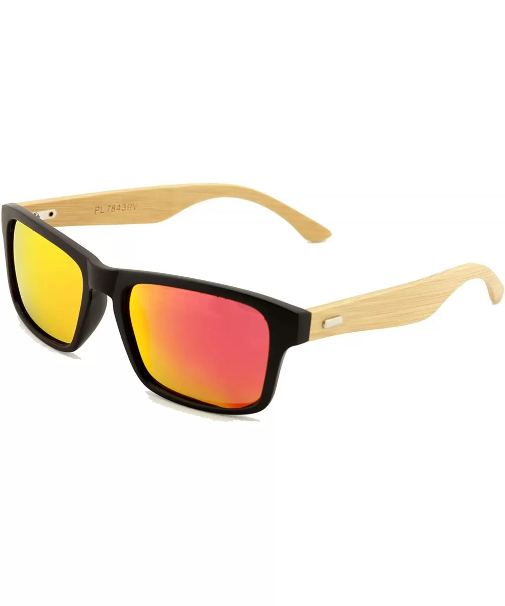 Rectangular Genuine Real Bamboo Wood Polarized Sunglasses With Reflective Mirror Tint - Fire Mirror Lens - CV1295W4ZGF $11.11...