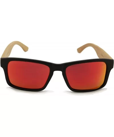 Rectangular Genuine Real Bamboo Wood Polarized Sunglasses With Reflective Mirror Tint - Fire Mirror Lens - CV1295W4ZGF $11.11...