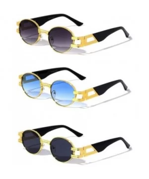 Oval Retro Art Nouveau Vintage Style Metal Frame Sunglasses - 3 Pack Smoke - Blue - Black - CX1978897RM $26.52 Oval