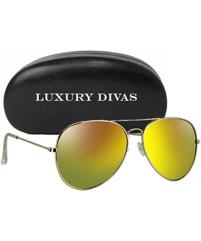 Gold Frame Yellow Mirror Lens Aviator Sunglasses With Case - CU12HPNQV5T $15.62 Oversized