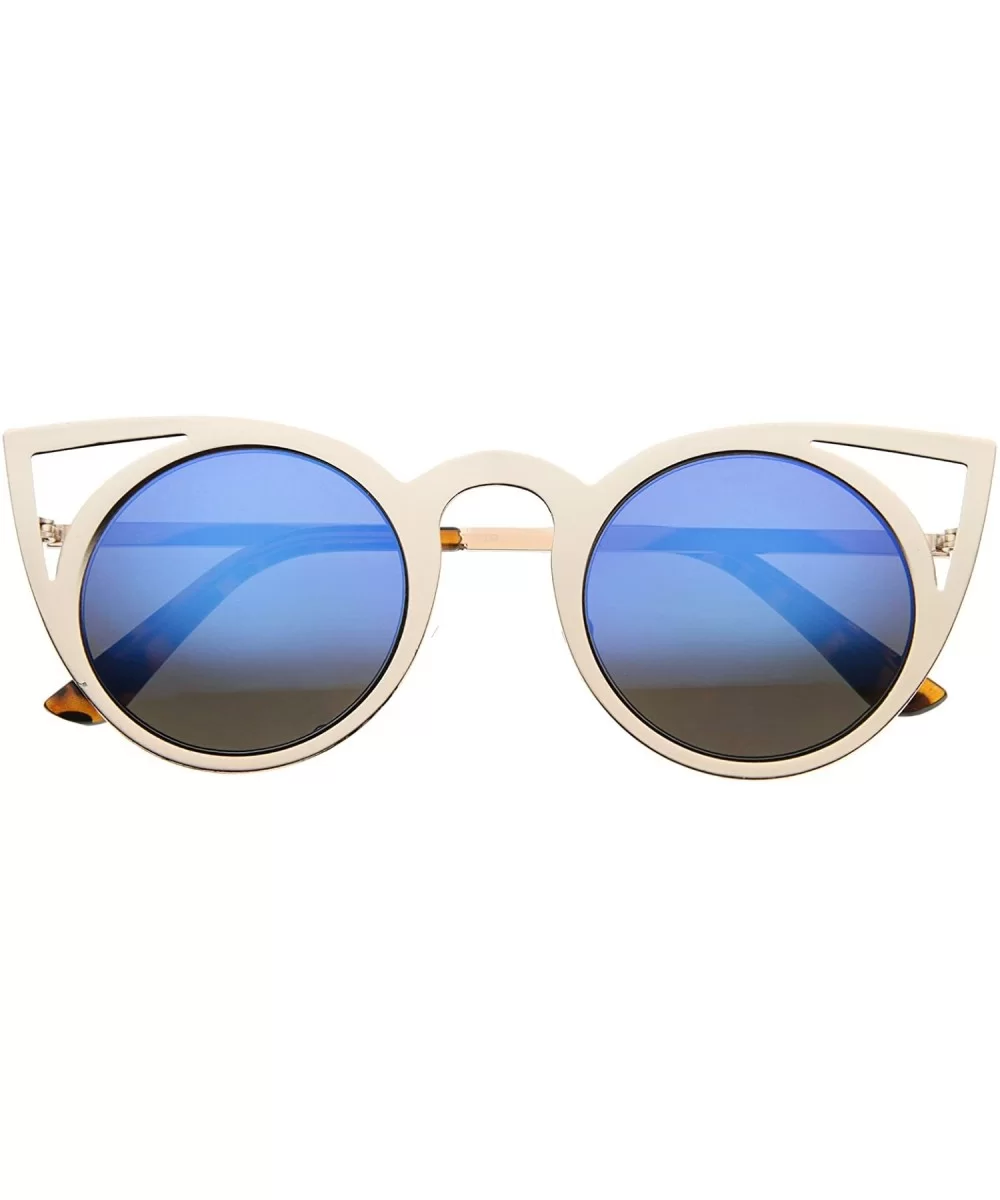 Womens Fashion Round Metal Cut-Out Flash Mirror Lens Cat Eye Sunglasses - Gold / Blue Mirror - C5128PMCBDZ $6.91 Round