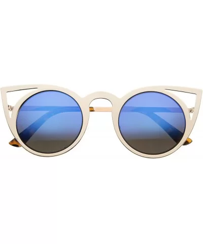 Womens Fashion Round Metal Cut-Out Flash Mirror Lens Cat Eye Sunglasses - Gold / Blue Mirror - C5128PMCBDZ $6.91 Round