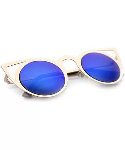 Womens Fashion Round Metal Cut-Out Flash Mirror Lens Cat Eye Sunglasses - Gold / Blue Mirror - C5128PMCBDZ $6.91 Round