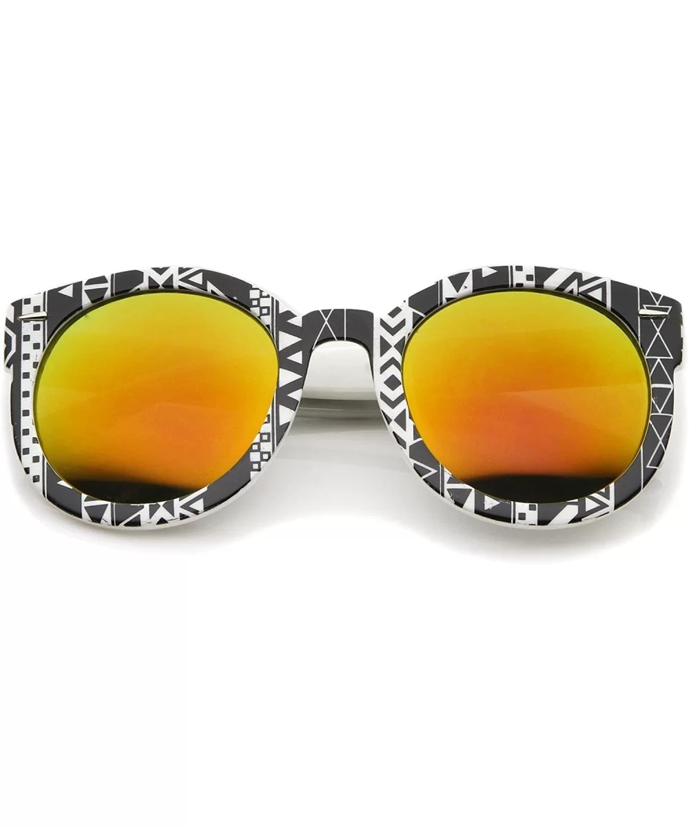 Women 's Oversize Printed Colored Mirror Lens P3 Round Sunglasses 52mm - Black-white-native / Orange Mirror - CU12N22CHH4 $7....