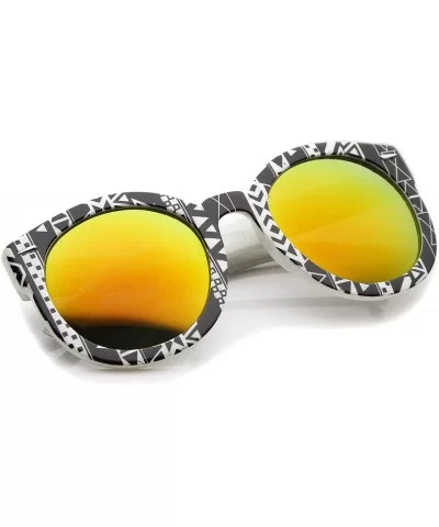 Women 's Oversize Printed Colored Mirror Lens P3 Round Sunglasses 52mm - Black-white-native / Orange Mirror - CU12N22CHH4 $7....