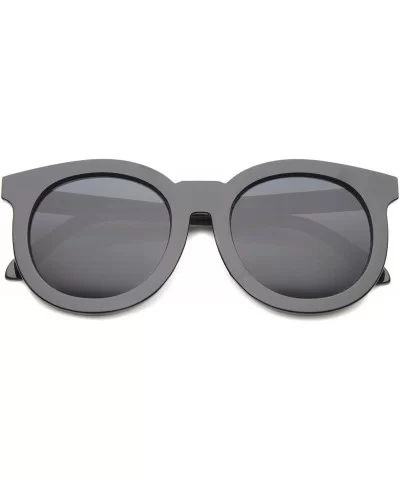 Women's Chic Oversized Horn Rimmed Flat Lens Round Sunglasses 64mm - Shiny Black-silver / Smoke - C8128BMOQHD $8.14 Cat Eye