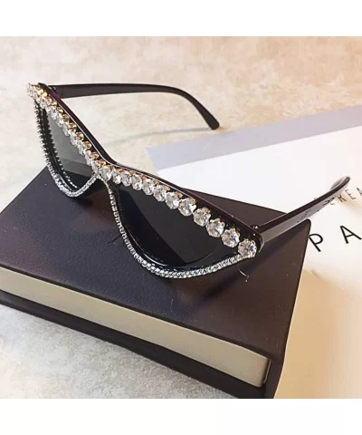 Sparkling Crystal Cat Eye Sunglasses UV Protection Rhinestone Sunglasses - Black Frame - CN18XS5NNO9 $9.64 Oversized