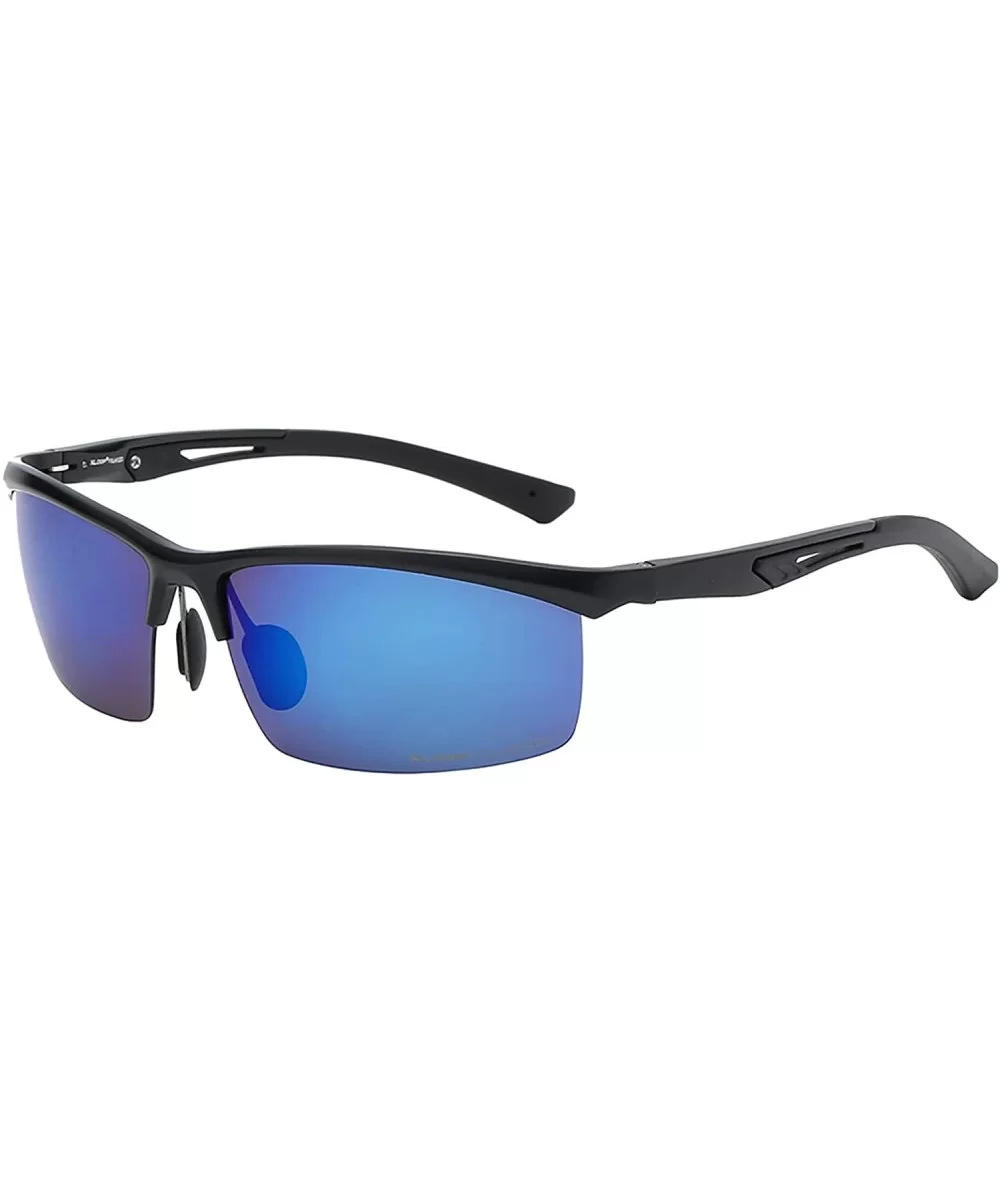 Polarized Rectangular Al-Mg Metal Semi Rimless Fishing Sunglasses For Men - Matte Black - Polarized Ice Blue - CN18HM7SLH2 $2...