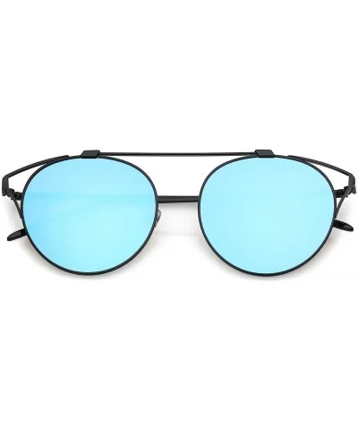 Modern Cutout Metal Crossbar Round Mirrored Flat Lens Cat Eye Sunglasses 55mm - Black / Blue Mirror - C7182K68SRC $7.10 Cat Eye