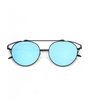 Modern Cutout Metal Crossbar Round Mirrored Flat Lens Cat Eye Sunglasses 55mm - Black / Blue Mirror - C7182K68SRC $7.10 Cat Eye