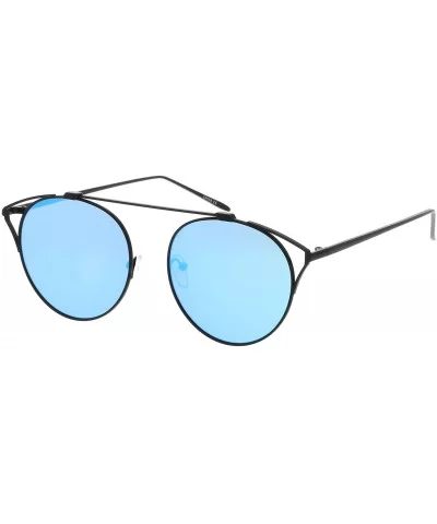 Modern Cutout Metal Crossbar Round Mirrored Flat Lens Cat Eye Sunglasses 55mm - Black / Blue Mirror - C7182K68SRC $7.10 Cat Eye