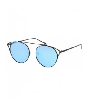 Modern Cutout Metal Crossbar Round Mirrored Flat Lens Cat Eye Sunglasses 55mm - Black / Blue Mirror - C7182K68SRC $7.10 Cat Eye