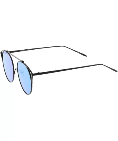 Modern Cutout Metal Crossbar Round Mirrored Flat Lens Cat Eye Sunglasses 55mm - Black / Blue Mirror - C7182K68SRC $7.10 Cat Eye