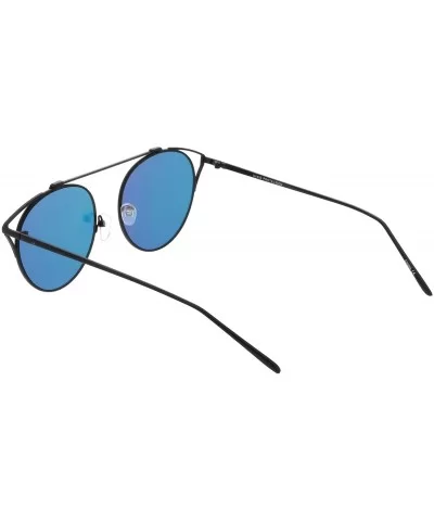 Modern Cutout Metal Crossbar Round Mirrored Flat Lens Cat Eye Sunglasses 55mm - Black / Blue Mirror - C7182K68SRC $7.10 Cat Eye