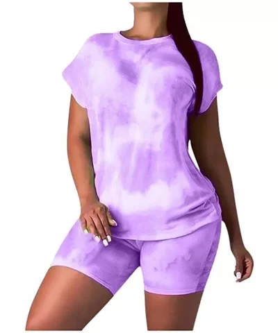 Tie-dye Loungewear for Women Summer Tie Dye Colorful Print Two Piece Shorts Set Tracksuit Outfits - Purple - CR190EL83QQ $17....