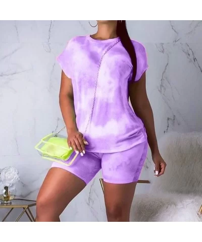 Tie-dye Loungewear for Women Summer Tie Dye Colorful Print Two Piece Shorts Set Tracksuit Outfits - Purple - CR190EL83QQ $17....