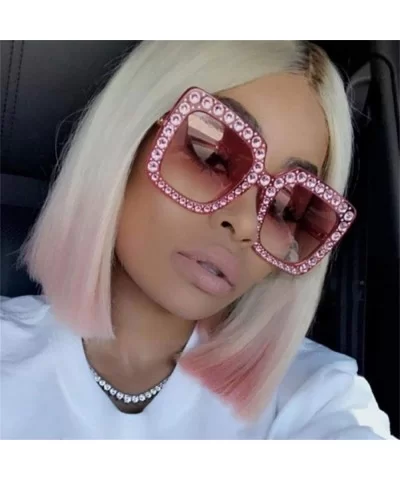 Square Oversize Women Sunglasses UV Mirror Retro Crystal Rim Brand Desginer Glasses - Double Pink - CO189NK6CL9 $7.82 Round