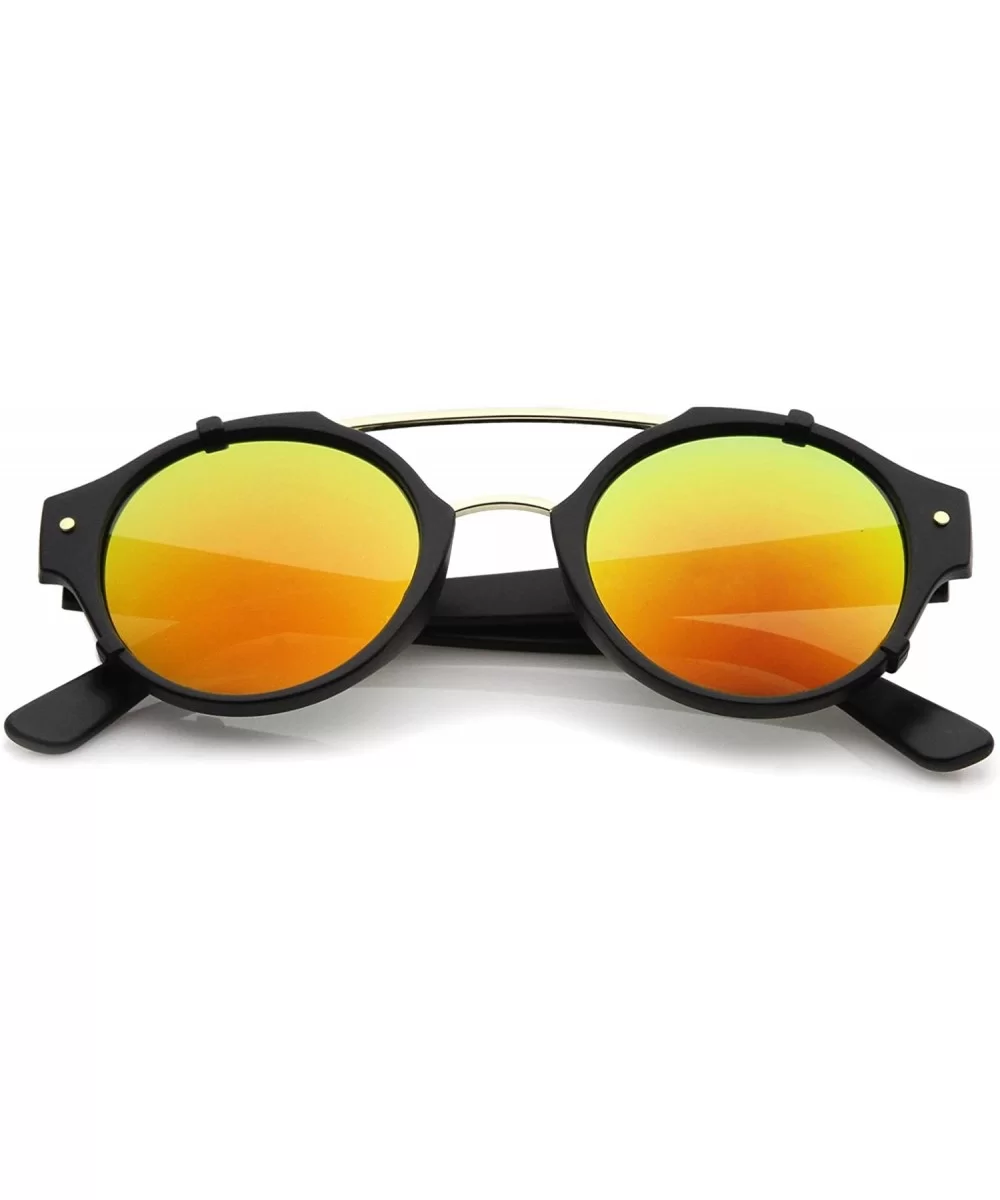 Modern Matte Finish Double Crossbar Mirrored Lens P3 Round Sunglasses 49mm - Black-gold / Orange Mirror - C512KCNPFT7 $7.55 R...