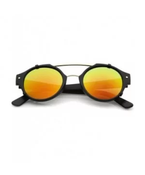 Modern Matte Finish Double Crossbar Mirrored Lens P3 Round Sunglasses 49mm - Black-gold / Orange Mirror - C512KCNPFT7 $7.55 R...