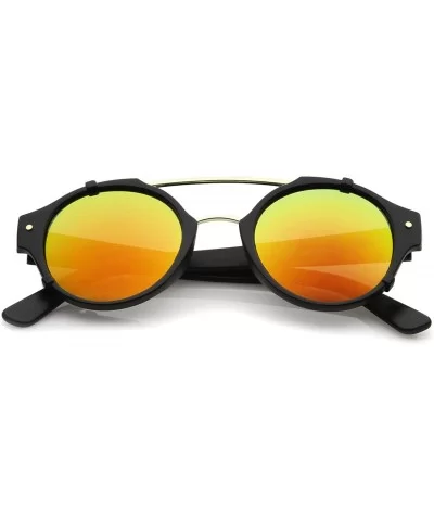 Modern Matte Finish Double Crossbar Mirrored Lens P3 Round Sunglasses 49mm - Black-gold / Orange Mirror - C512KCNPFT7 $7.55 R...