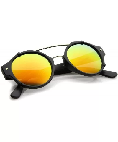 Modern Matte Finish Double Crossbar Mirrored Lens P3 Round Sunglasses 49mm - Black-gold / Orange Mirror - C512KCNPFT7 $7.55 R...