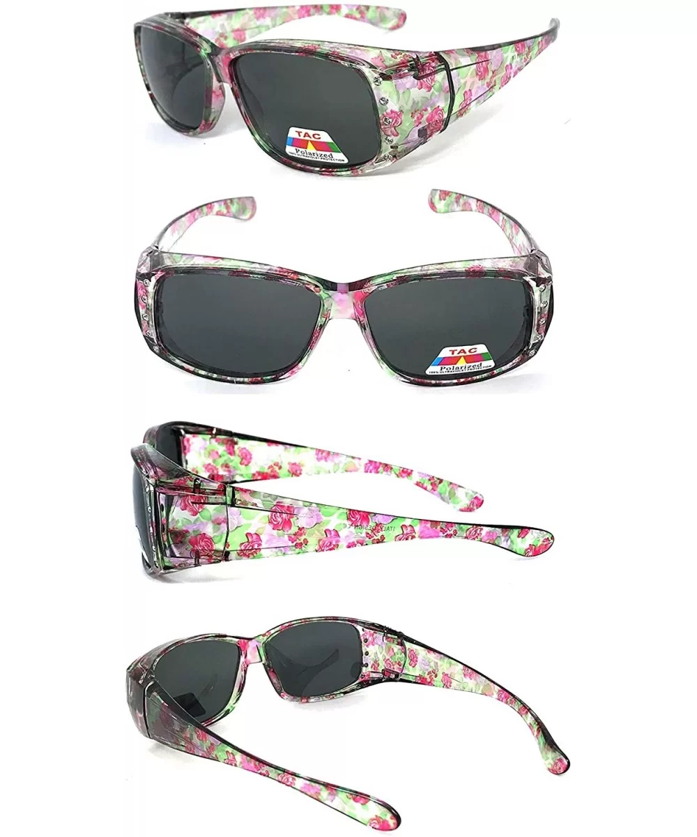 Womens Polarized FIT OVER Sunglasses Cover Rx Glasses Rhinestones Floral Prints - Transparent Pink Floral - CS18GLE4W92 $10.4...