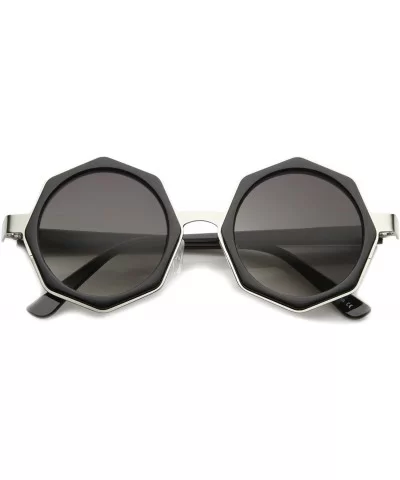 Women's High Fashion Oversize Octagon Geometric Frame Round Sunglasses 43mm - Shiny Black-silver / Lavender - CU12I21RY5J $9....