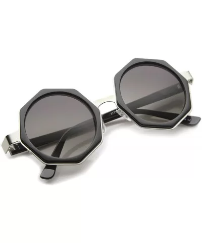 Women's High Fashion Oversize Octagon Geometric Frame Round Sunglasses 43mm - Shiny Black-silver / Lavender - CU12I21RY5J $9....