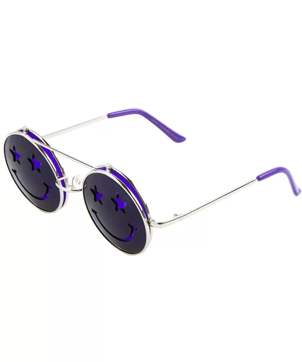 Round Happy Face Star Eyes Flip Up Shield Round Sunglasses - Purple - C21903TRK6X $13.68 Shield