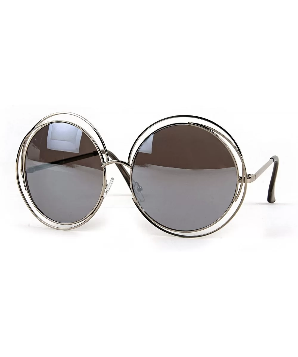 Women's Oversized Round Double Wire Ring Metal Frame Sunglasses P2188 - Silver-mirror Lens - C8126OEFSEF $10.72 Round