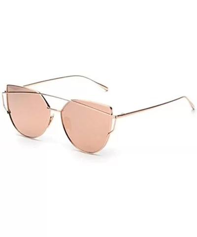 Women Fashion Twin-Beams Classic Metal Frame Mirror Cat Eye Sunglasses - Rose Gold - CP18GWALWSM $3.28 Oval