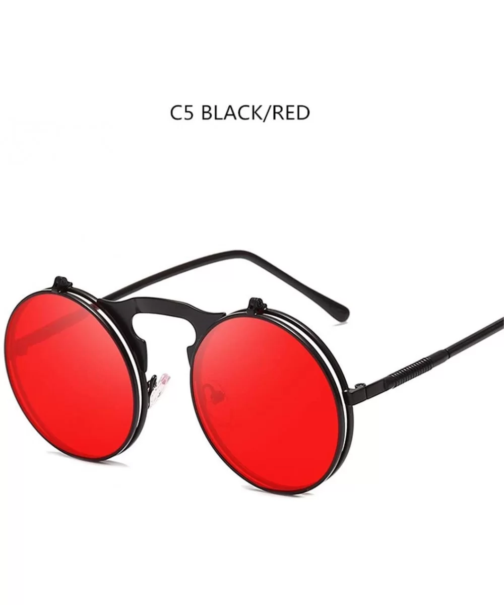 Sunglasses Round Metal Women Style Retro Flip Circular Double Metal Sun Glasses - Black Red - CZ194OUASRK $15.00 Semi-rimless