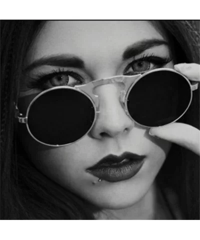 Sunglasses Round Metal Women Style Retro Flip Circular Double Metal Sun Glasses - Black Red - CZ194OUASRK $15.00 Semi-rimless