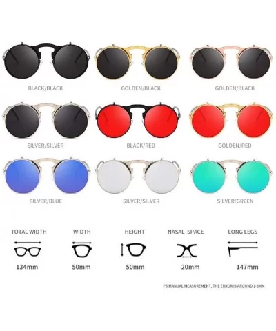 Sunglasses Round Metal Women Style Retro Flip Circular Double Metal Sun Glasses - Black Red - CZ194OUASRK $15.00 Semi-rimless