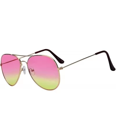 Classic Aviator Style Sunglasses Two Tone Shades Color Lens Gold Metal Frame - 064-pink-green - CF18L0ZXELX $8.43 Aviator