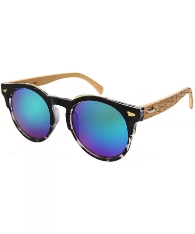 Retro Horned Rim Round Bamboo Sunglasses Wood Women Mirrored Lens 3311BML-REV - Black Tortoise - CC1833WG78D $14.19 Round