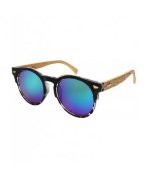 Retro Horned Rim Round Bamboo Sunglasses Wood Women Mirrored Lens 3311BML-REV - Black Tortoise - CC1833WG78D $14.19 Round