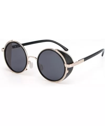 Retro Punk Round Sunglasses Leather Fashion Men and Women UV 400 Sunglasses - Gold Black - C318GMQZ53E $12.23 Round