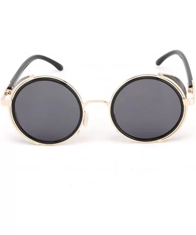 Retro Punk Round Sunglasses Leather Fashion Men and Women UV 400 Sunglasses - Gold Black - C318GMQZ53E $12.23 Round