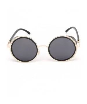 Retro Punk Round Sunglasses Leather Fashion Men and Women UV 400 Sunglasses - Gold Black - C318GMQZ53E $12.23 Round