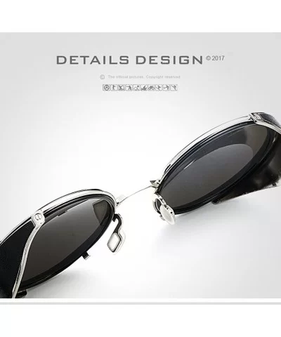 Retro Punk Round Sunglasses Leather Fashion Men and Women UV 400 Sunglasses - Gold Black - C318GMQZ53E $12.23 Round