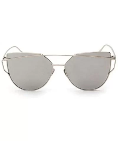 Fashion Twin-Beams Classic Women Metal Frame Mirror Sunglasses Cat Eye Glasses Silver - CM18O3T3OWQ $5.11 Cat Eye