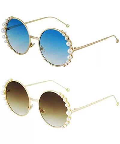 Fashion Round Pearl Decor Metal Frame Women's Sunglasses UV Protection - Blue and Brown - CT18TLQ4NGH $14.00 Shield