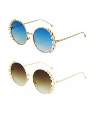 Fashion Round Pearl Decor Metal Frame Women's Sunglasses UV Protection - Blue and Brown - CT18TLQ4NGH $14.00 Shield