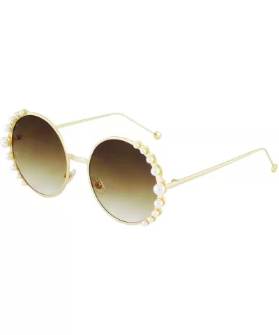 Fashion Round Pearl Decor Metal Frame Women's Sunglasses UV Protection - Blue and Brown - CT18TLQ4NGH $14.00 Shield